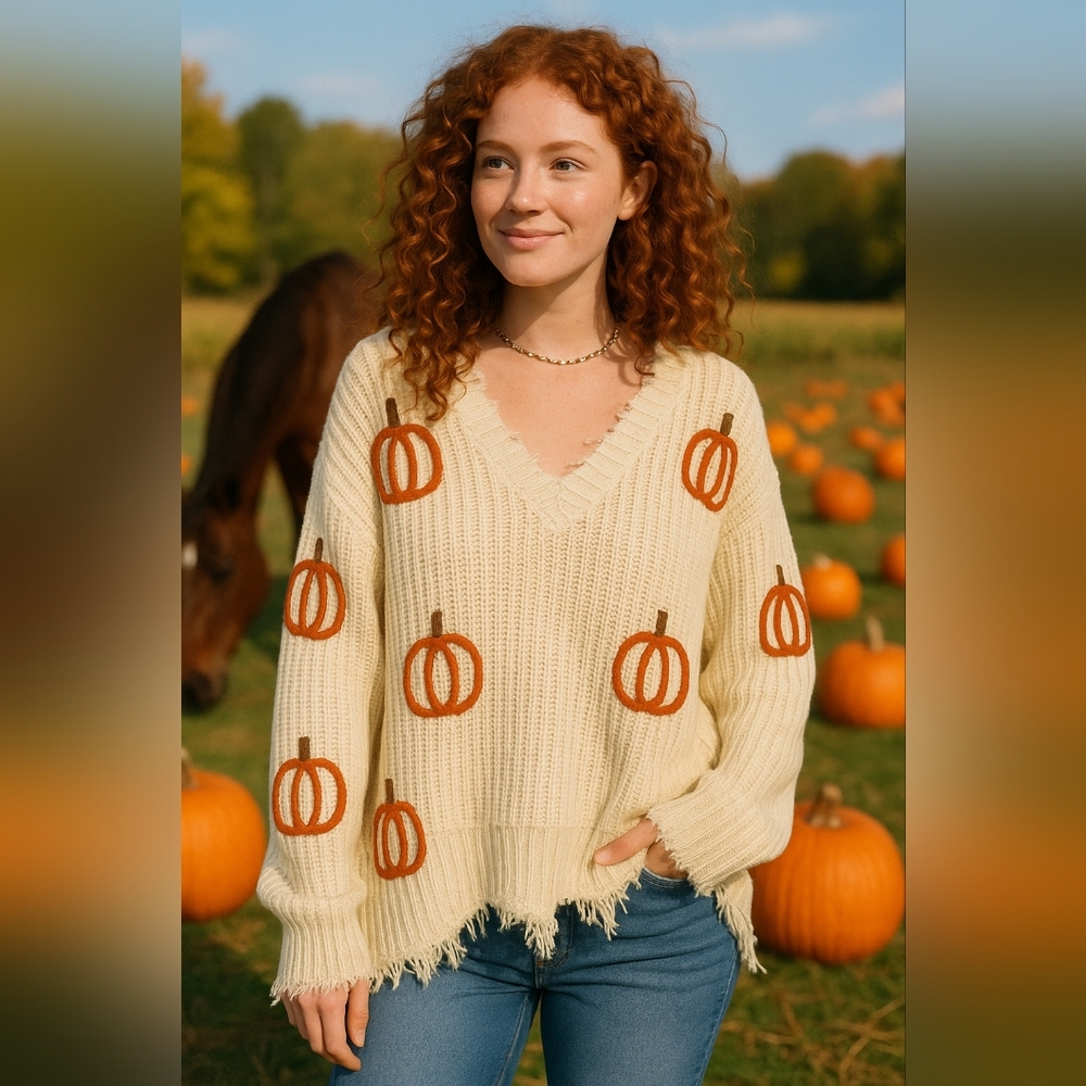 Distressed Raw Frayed Knit Pumpkin Sweater Pullover Long Sleeve Oversized Top